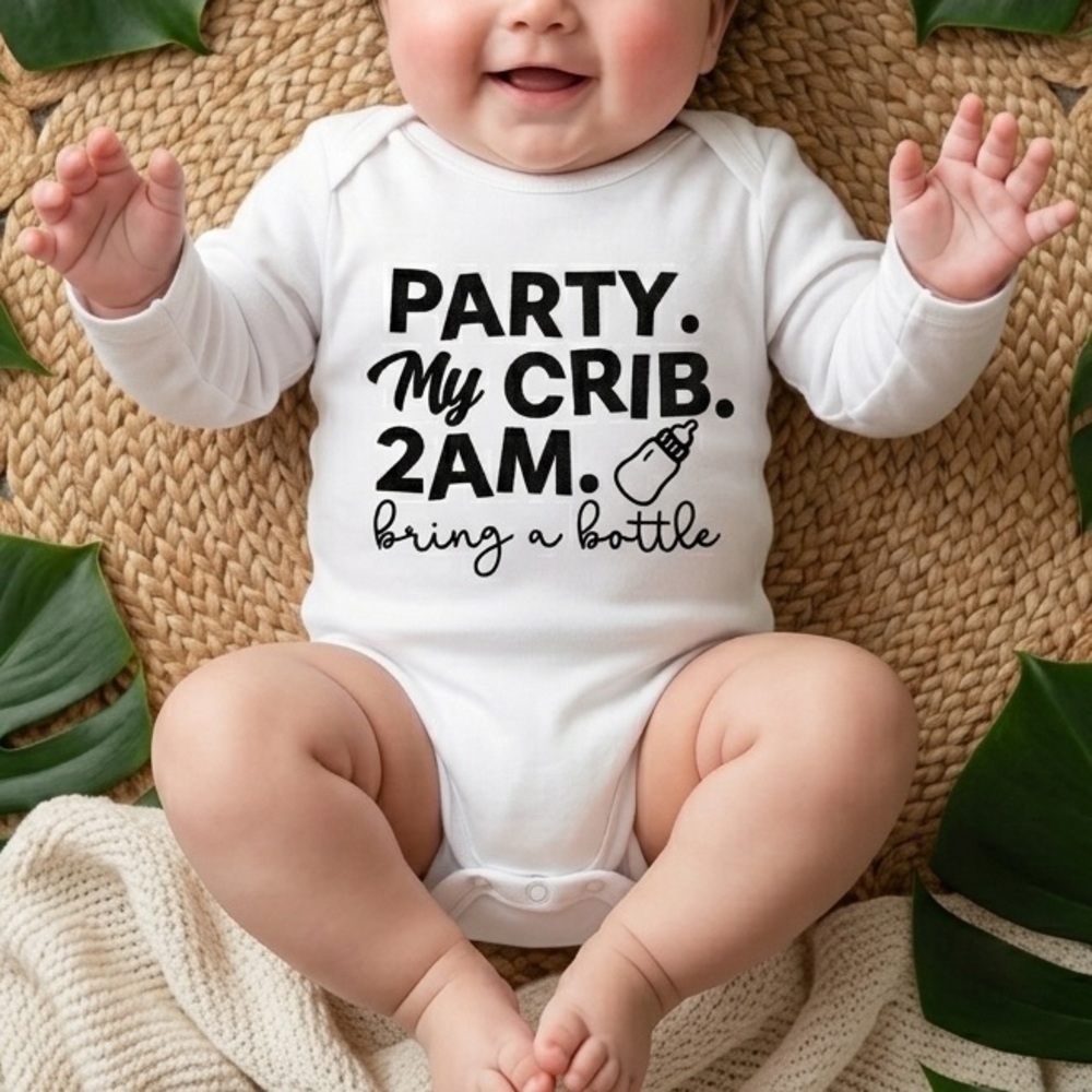 NWT “"Party. My Crib. 2am. Bring a Bottle" Baby Onesie - White - Size 12-18m